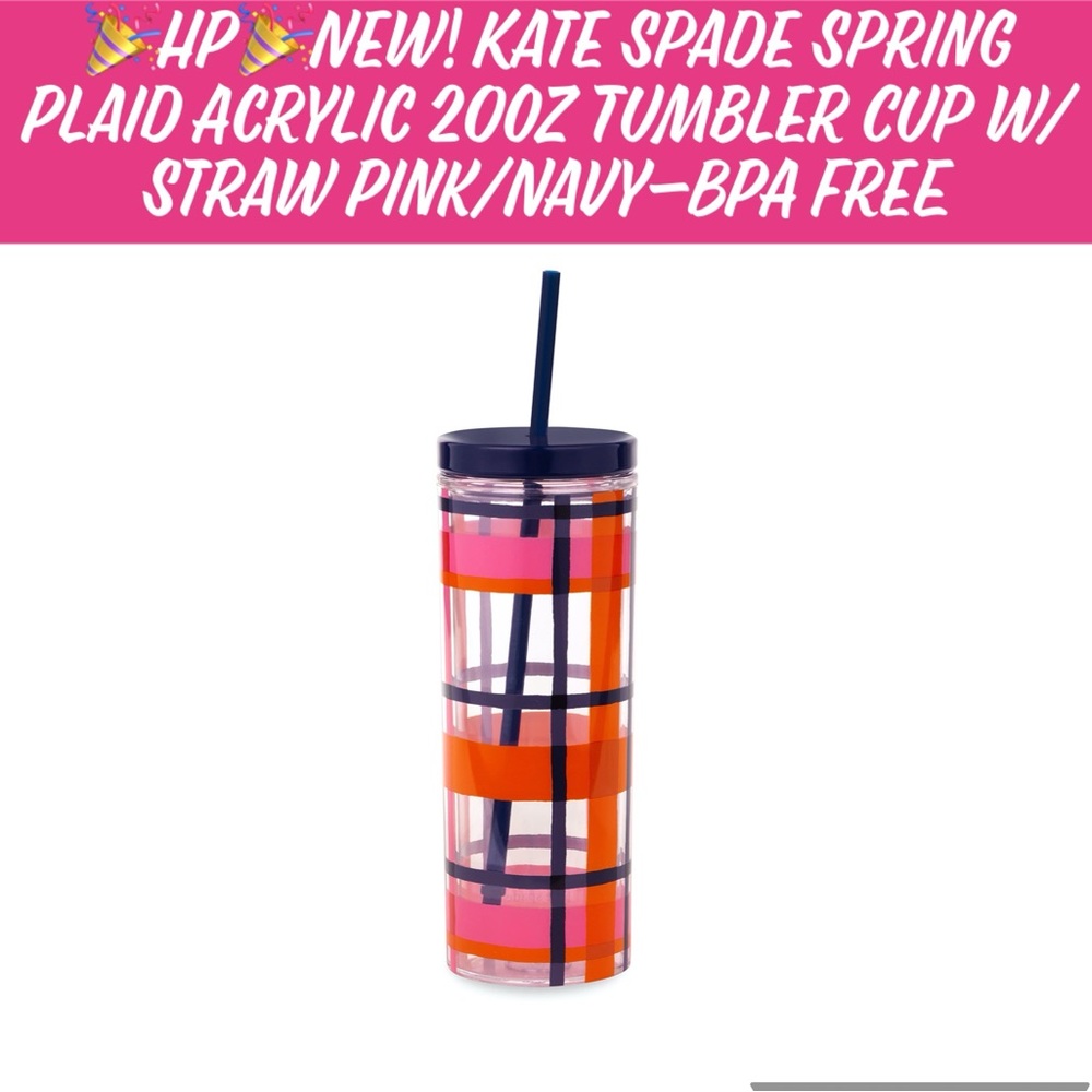 🎉HP🎉New! Kate Spade Spring Plaid Acrylic 20oz Tumbler Straw Cup Pink/Navy💕